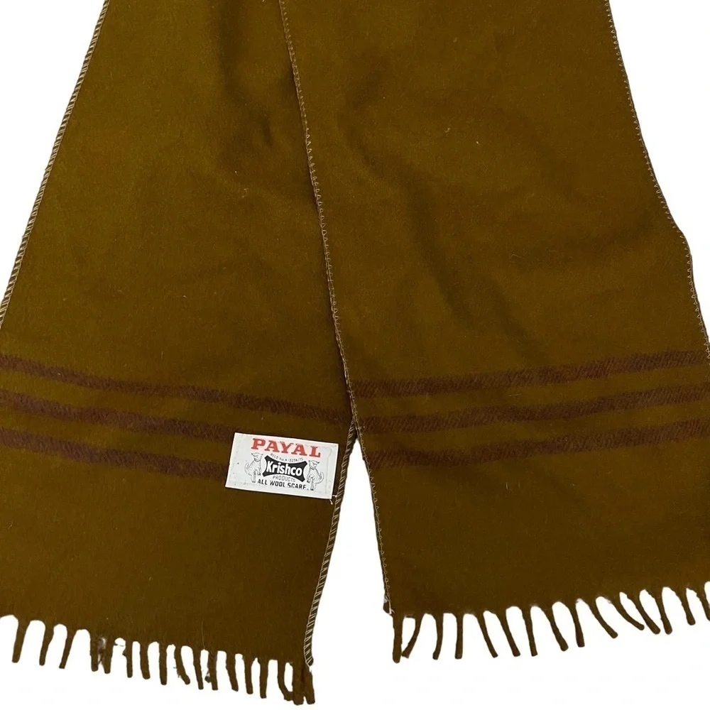 KRISHCO Vintage All Wool Scarf, Brown w/ Purple Border Stripes & Small Fringe